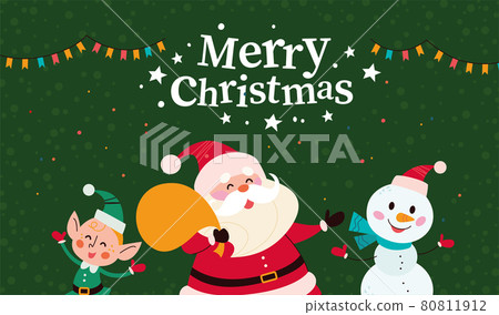 Christmas banner with cute happy winter characters. Santa Claus, snowman, elf and text Merry Christmas greeting. Christmas banner with cute happy winter characters. Santa Claus, snowman, elf and text Merry Christmas greeting. 80811912