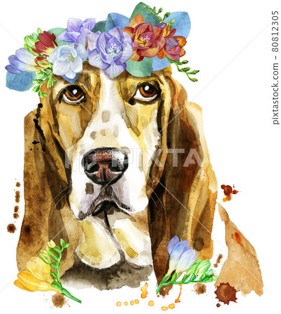 Watercolor portrait of basset hound with wreath of flowers 80812305