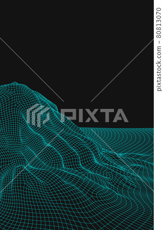 Blue abstract vector wireframe landscape background. 3D futuristic mesh mountains. 80s Retro illustration. Cyberspace technology valleys. 80813070