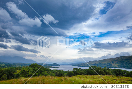 Dramatic sky over freshwater Loch Awe Argyll and Bute Scottish Highlands UK 80813378