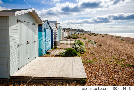 Beach huts at seaside town Hastings East Sussex South East England UK 80813468