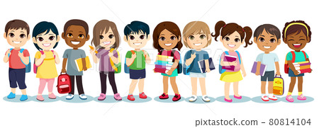 Cute little diverse children students with books and schoolbags ready back to school Cute little diverse children students with books and schoolbags ready back to school 80814104