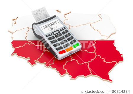 Polish map with POS terminal. Cashless payments in Poland concept. 3D rendering Polish map with POS terminal. Cashless payments in Poland concept. 3D rendering 80814284