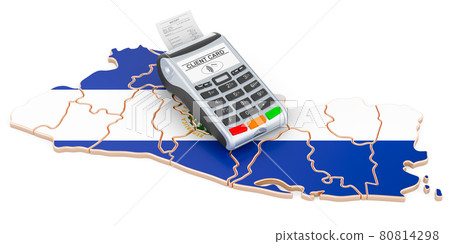 Salvadoran map with POS terminal. Cashless payments in El Salvador concept. 3D rendering 80814298