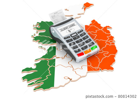 Irish map with POS terminal. Cashless payments in Ireland concept. 3D rendering Irish map with POS terminal. Cashless payments in Ireland concept. 3D rendering 80814302