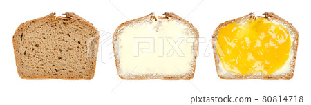 Dark rye bread slice, spread with butter and jam. Freshly cut brown sourdough bread, with crispy rind, first spread with butter, then with sweet marmalade. Isolated, over white, close-up, food photo. Dark rye bread slice, spread with butter and jam. Freshly cut brown sourdough bread, with crispy rind, first spread with butter, then with sweet marmalade. Isolated, over white, close-up, food photo. 80814718