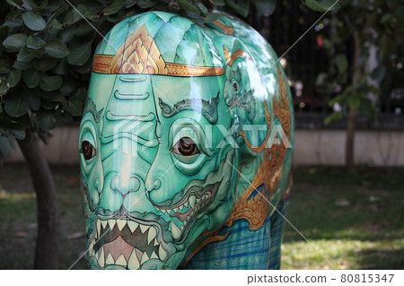 Statues of elephants with various drawings, Thailand 80815347