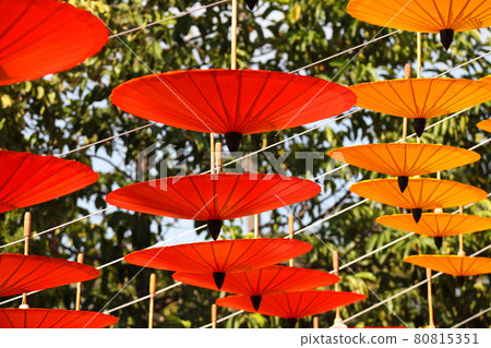 Decorative Chinese umbrellas in composition, Thailand 80815351