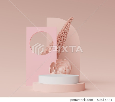 3d render of Abstract minimal  display podium for showing products, cosmetic presentation and mock up with Cactus trees. Showcase scene with pastel earth tone and tropical environment background. 80815884