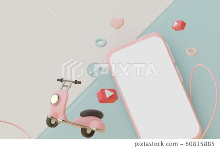 3d render Minimal mini mobile phone or smartphone for work with white copy space for mock up and creative design. Shopping online concept. Online mini Scooter delivery on pastel background. 80815885