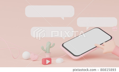 3d render Minimal pastel mini mobile phone for work and hand touching on screen with white copy space for mock up and creative design. Blank Bubble or chat box for design. Shopping online concept. 80815893
