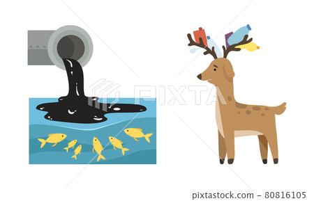 Animal Suffering from Contaminated Water and Environment Pollution Effect Vector Set 80816105