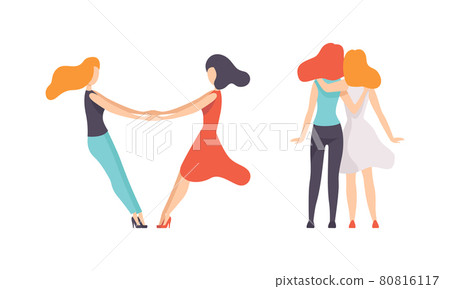 Female Friend Spending Time Together Embracing and Holding Hands Vector Set 80816117