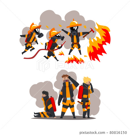 Firefighter in Uniform and Protective Helmet Extinguishing Hazardous Fire with Hose Vector Set Firefighter in Uniform and Protective Helmet Extinguishing Hazardous Fire with Hose Vector Set 80816150