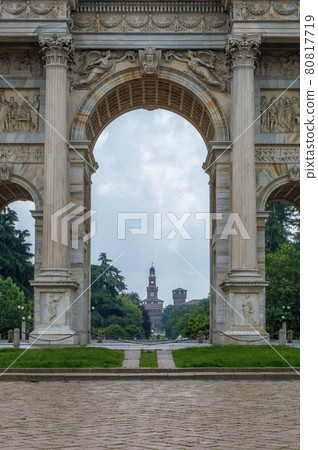 View for The Sforza Castle by  Arch of Peace in Milan, Italy. 80817719
