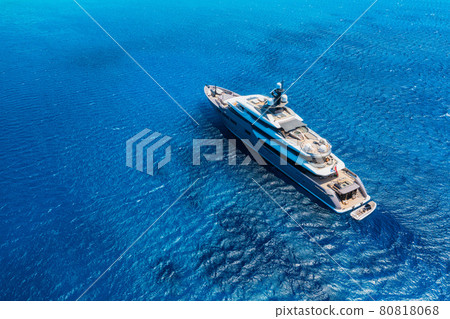 Aerial view of the ship from drone. Blue clear water in the Mediterranean Sea. Aerial view of the ship from drone. Blue clear water in the Mediterranean Sea. 80818068