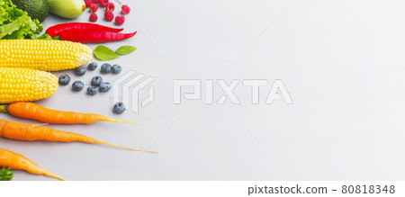 Flat lay banner with different vegetables, fruits, berries, spices, herbs 80818348