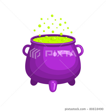 Purple witch cauldron with green bubbling liquid isolated on white background. Magic potion. Witchcraft equipment. Halloween design element. Vector cartoon illustration 80818490