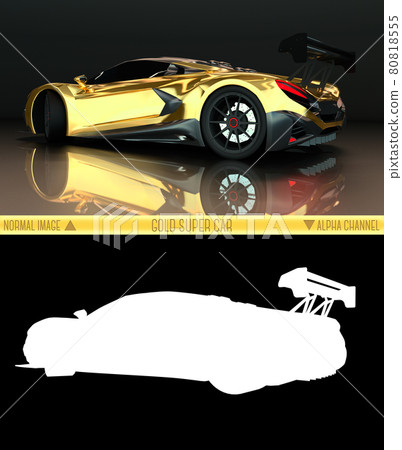 Sports car rear view. The image of a sports gold car on a black background. Combined illustration of a normal picture and alpha channel. Raster graphics. Three-dimensional graphics. Sports car rear view. The image of a sports gold car on a black background. Combined illustration of a normal picture and alpha channel. Raster graphics. Three-dimensional graphics. 80818555