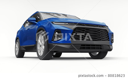 Blue ultra-modern SUV with a catchy expressive design for young people and families on a white isolated background. 3d illustration. Blue ultra-modern SUV with a catchy expressive design for young people and families on a white isolated background. 3d illustration. 80818623