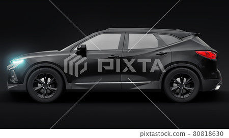 A black ultra-modern SUV with a catchy expressive design for young people and families on a black isolated background. Bright glowing headlights. 3d illustration. A black ultra-modern SUV with a catchy expressive design for young people and families on a black isolated background. Bright glowing headlights. 3d illustration. 80818630