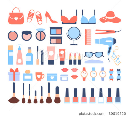 Women accessories icons set on white background. Beautiful woman objects for casual fashion trendy look. Lipstick shoes clothing bra cosmetic watch nail polish perfume. Color flat vector illustration. Women accessories icons set on white background. Beautiful woman objects for casual fashion trendy look. Lipstick shoes clothing bra cosmetic watch nail polish perfume. Color flat vector illustration. 80819320