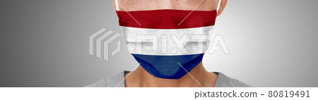 Netherlands Coronavirus face mask banner. Dutch flag print on doctor medical surgical protective ppe panoramic background 80819491