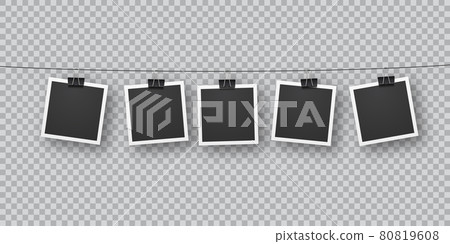 Realistic retro photo templates suspended on metal clips in a row. 80819608