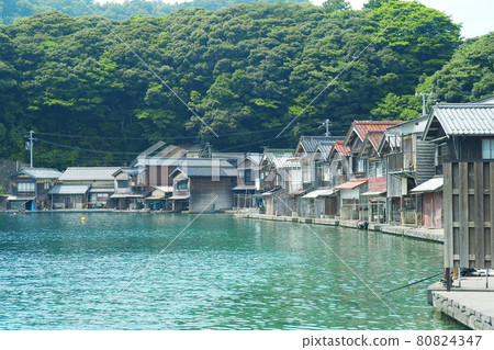 旅遊勝地伊根鎮有船庫的夏日風景 80824347
