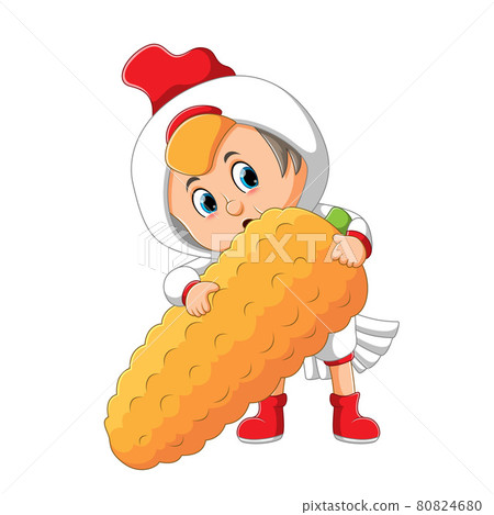 The boy with he chicken costume is holding the big corn  80824680