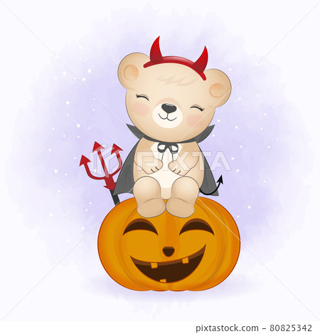 Cute devil bear on pumpkin cartoon animal Halloween illustration Cute devil bear on pumpkin cartoon animal Halloween illustration 80825342