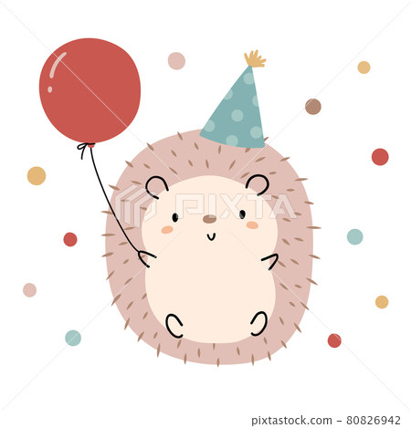 一隻帶紅氣球的可愛刺猬的插圖 80826942