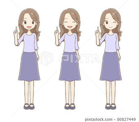 A long-haired woman who points her finger to explain, smiles, winks 80827449