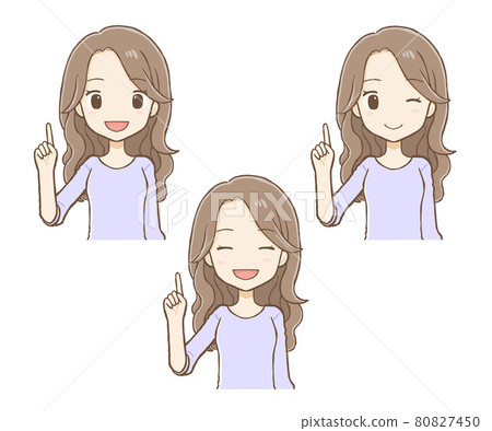 A woman with long hair explaining by pointing her finger, smiling, winking (upper body) 80827450
