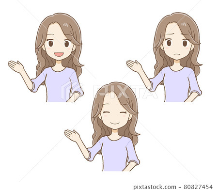 舉起右手引導她的長發女子,面帶微笑,一臉苦惱(上半身) 舉起右手引導她的長發女子,面帶微笑,一臉苦惱(上半身) 80827454