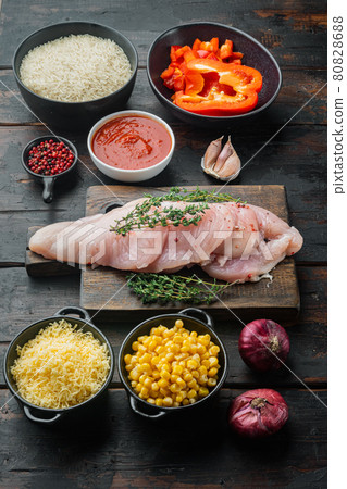 Mexican food. Cuisine of South America. Traditional ingredients, on old dark wooden table background Mexican food. Cuisine of South America. Traditional ingredients, on old dark wooden table background 80828688
