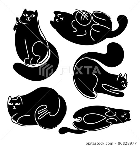Set of monochrome abstract fat cats. Sleeping and resting black kittens with outline drawing.Vector print of pets. Set of monochrome abstract fat cats. Sleeping and resting black kittens with outline drawing.Vector print of pets. 80828977