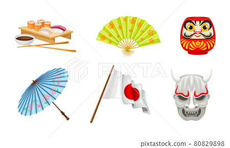 Japan Symbols with Served Sushi or Maki and Flag on Pole Vector Set 80829898