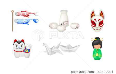Japan Symbols with Origami Figures and Porcelain China Vector Set 80829901