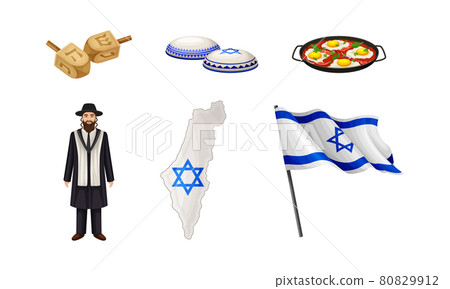 Israeli or Jewish Attributes with Dreidel and Flag on Pole Vector Set 80829912