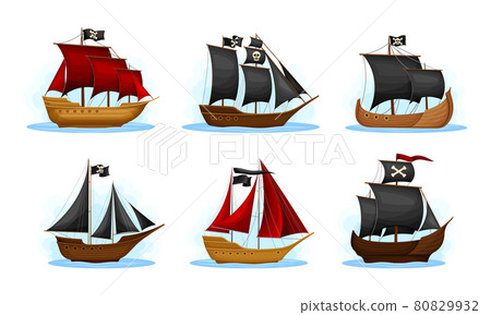 Pirate Ship or Vessel with Black and Red Sail and Skull on It Vector Set Pirate Ship or Vessel with Black and Red Sail and Skull on It Vector Set 80829932