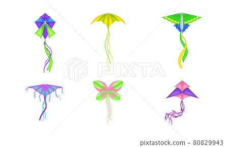 Colorful Kite as Tethered Craft with Wing Surfaces and Tail Vector Set 80829943