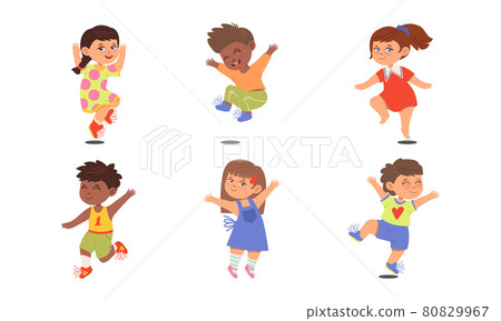 Boy and Girl Character Jumping with Joy and... - Stock Illustration ...