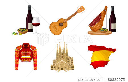 Spain Attributes with Toreador Jacket and Cathedral Vector Illustration Set 80829975