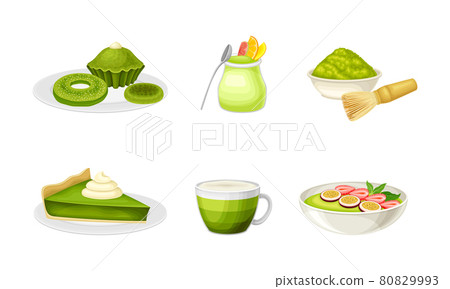 Green Matcha Desserts with Cheesecake and Yoghurt Vector Set 80829993