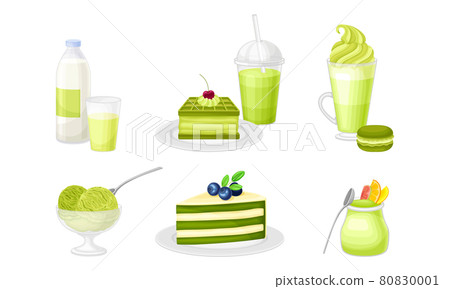 Green Matcha Desserts with Cake and Ice Cream Vector Set Green Matcha Desserts with Cake and Ice Cream Vector Set 80830001