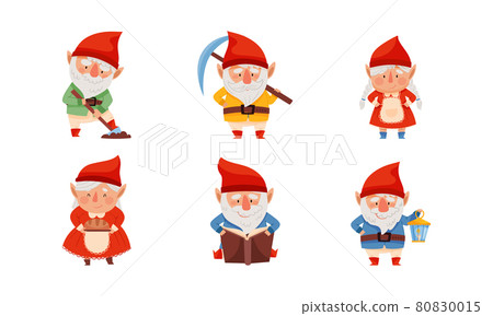 Fantastic Gnome Character with White Beard and Red Pointed Hat Vector Illustration Set 80830015