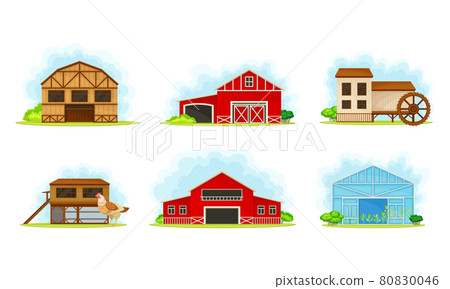 Red Barn, Granary for Crop Storage and Greenhouse Vector Set Red Barn, Granary for Crop Storage and Greenhouse Vector Set 80830046
