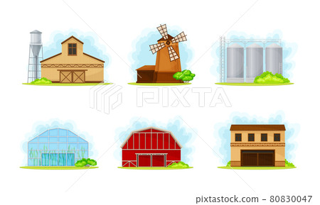 Red Barn, Granary for Crop Storage and Greenhouse Vector Set Red Barn, Granary for Crop Storage and Greenhouse Vector Set 80830047