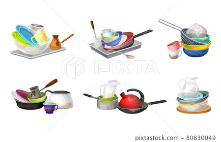 Piles of Dirty Dishes and Utensils with Plates and Cups Vector Set Piles of Dirty Dishes and Utensils with Plates and Cups Vector Set 80830049